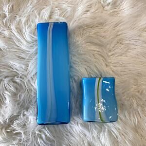 Glass Vase Set of 2 Vintage Aqua White & Green Taffy Stripe Square